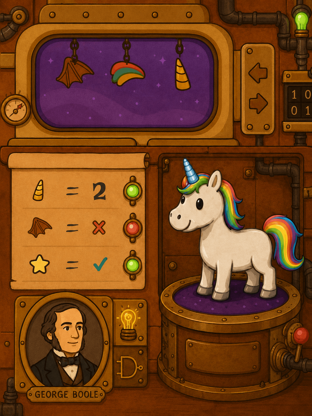 Boole's Creature Machine game scene about true-or-false logic.