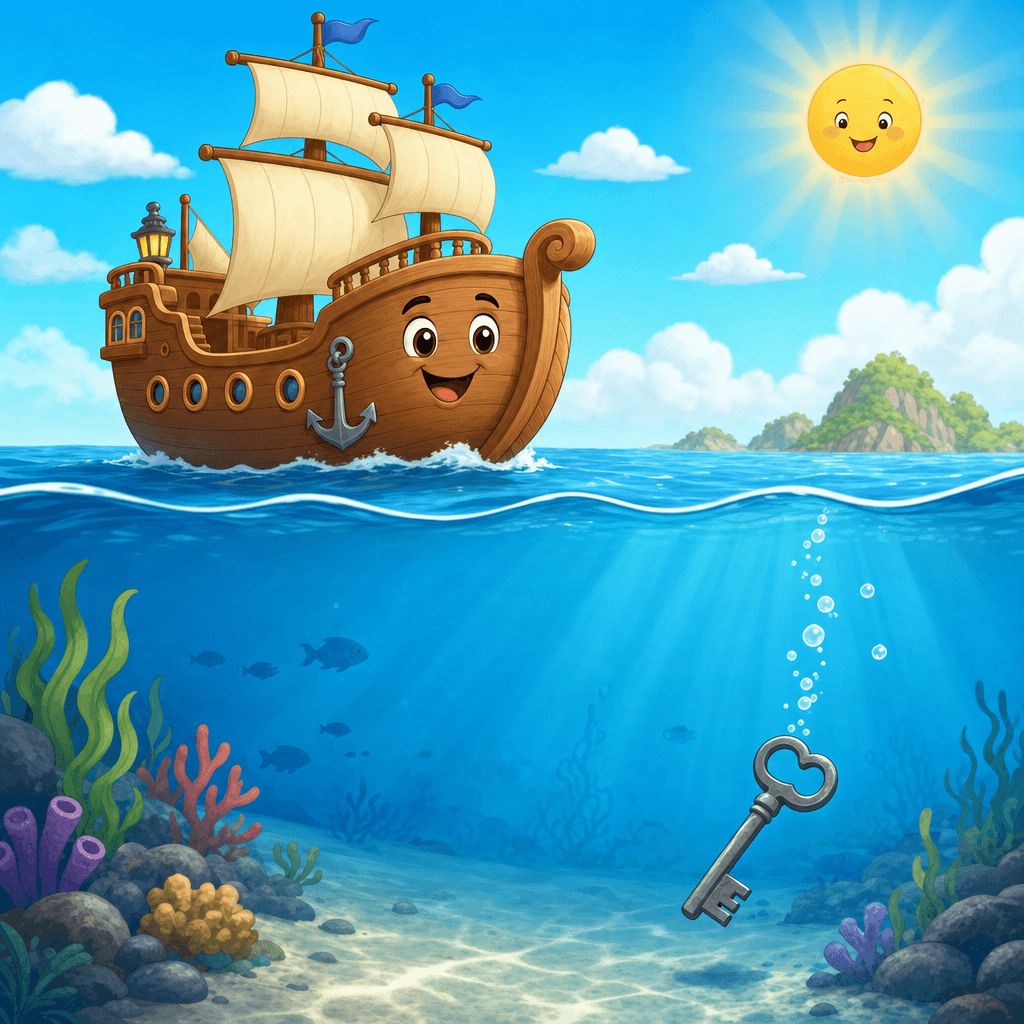 A large ship floating on the ocean beside a small metal key sinking, explaining buoyancy.