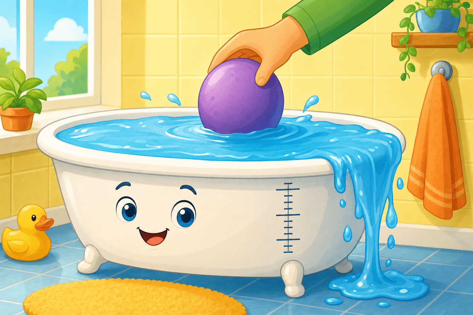 A bathtub of water rising and spilling over the rim as an object is lowered in, showing displacement.