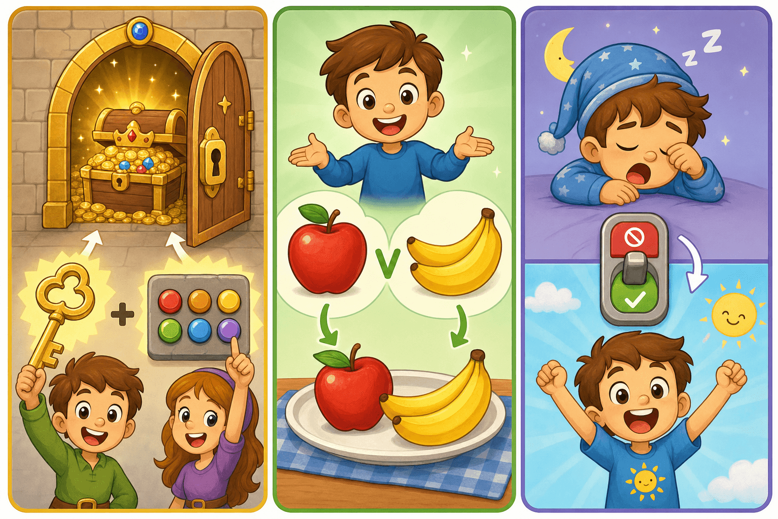 Three picture panels showing AND (key and code), OR (apples or bananas), and NOT (flipping sleepy to awake).