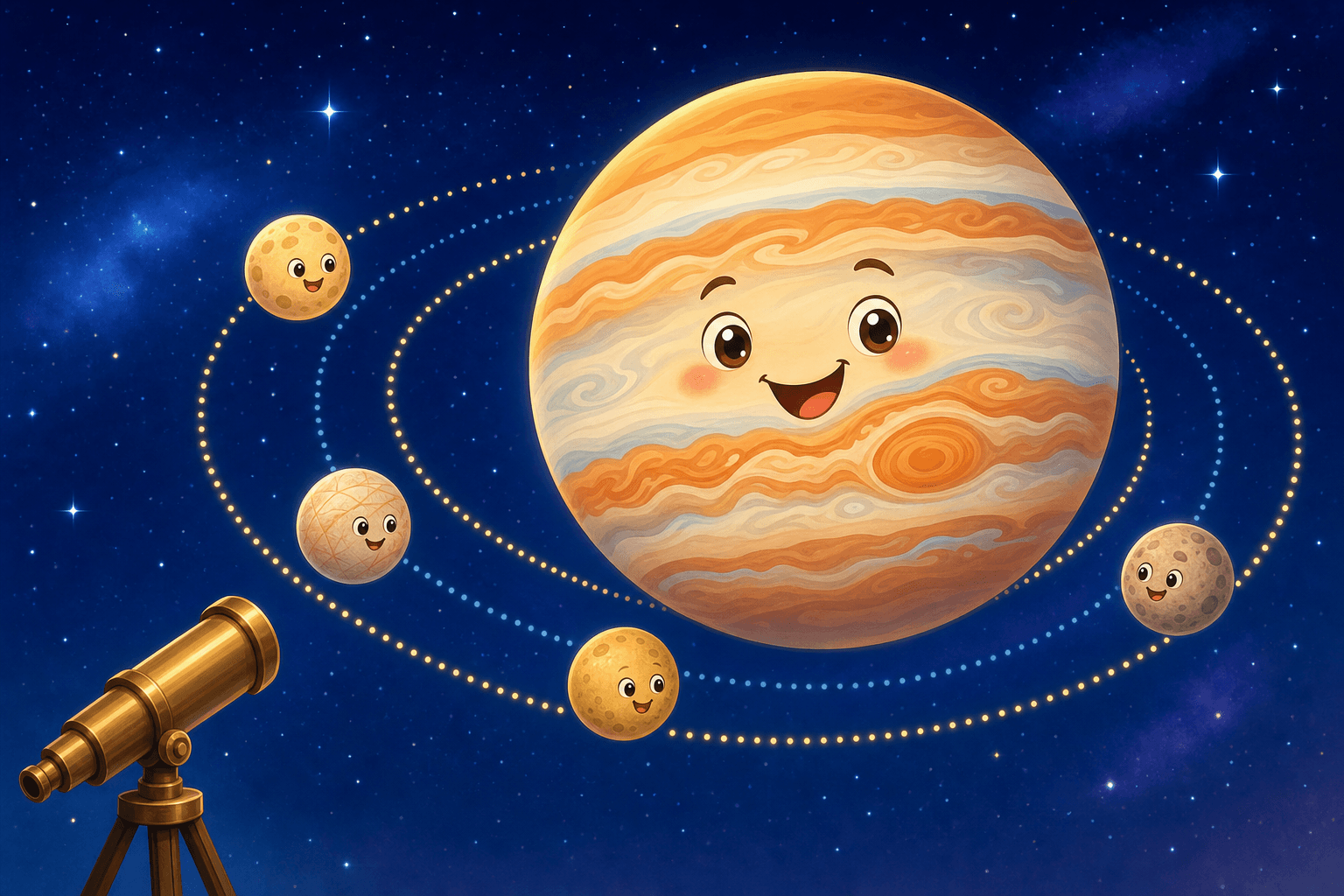 The planet Jupiter with its four moons circling along dotted orbit paths in a starry night sky.