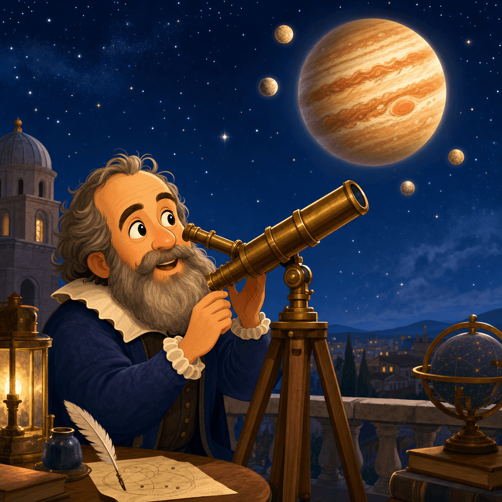 Galileo looking through a telescope at Jupiter and its four moons in a starry sky.