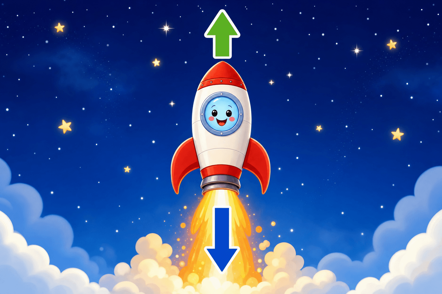 A cartoon rocket blasting off with flames pushing down and the rocket pushing up, showing equal and opposite forces.