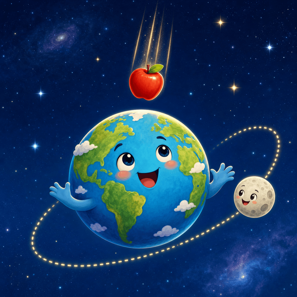 A red apple falling toward Earth while the Moon circles in orbit, showing how gravity works.