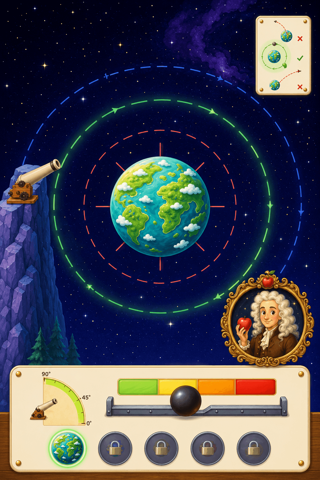 Newton's Orbit Cannon game scene about gravity and orbits.
