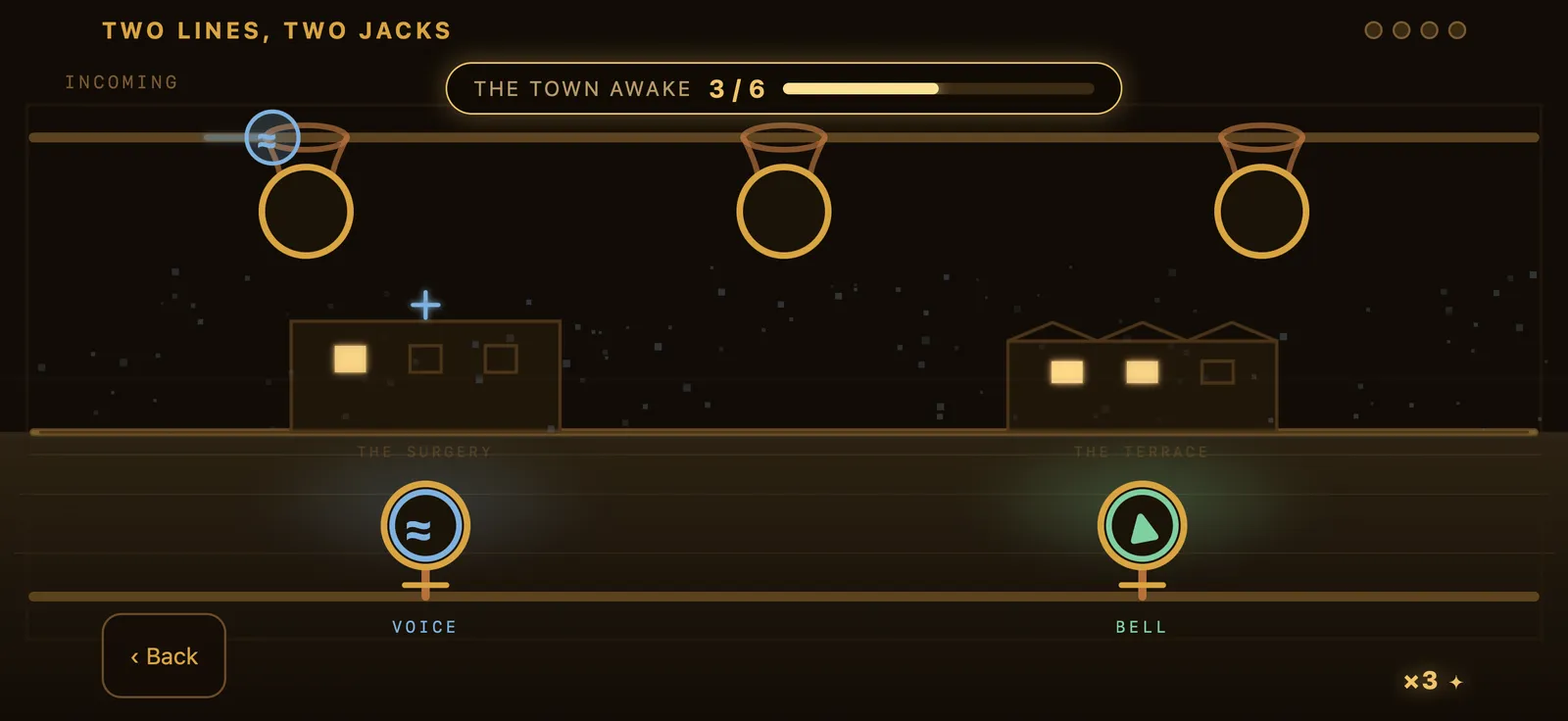 The Switchboard mini-game, with glowing call lights and plug cables.