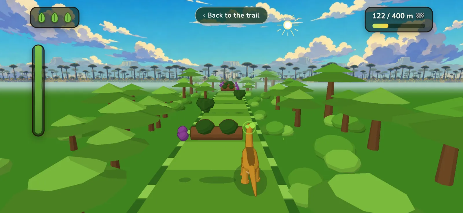 The Brachio Run mini-game, with a Brachiosaurus running down a leafy forest path.