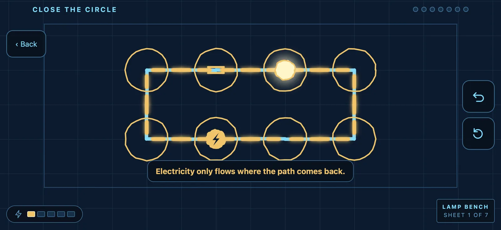 The Schematic mini-game, a circuit puzzle with wires, lamps and a generator.