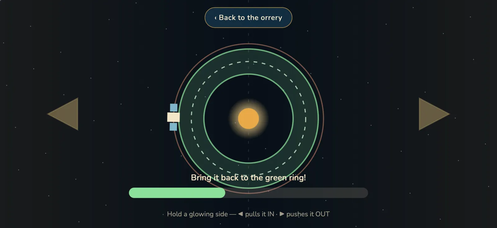 The Orbit Balance mini-game, with a satellite circling inside a glowing ring.