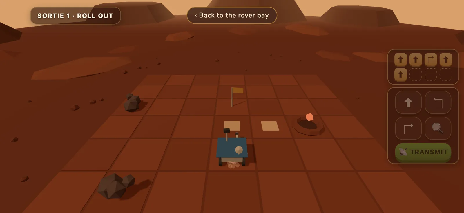 The Rover Mission mini-game, with a list of driving commands and a rover on Mars.
