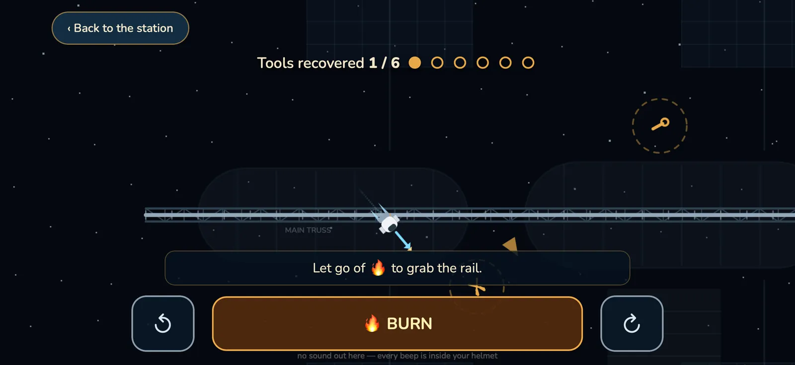 The Spacewalk Drift mini-game, an astronaut on a tether collecting floating tools.