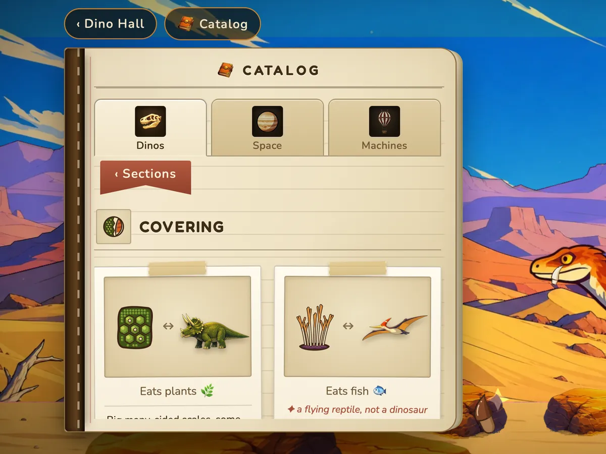 The Covering page of the game's Field Guide, comparing scaly skin with a pterosaur's soft fuzz.