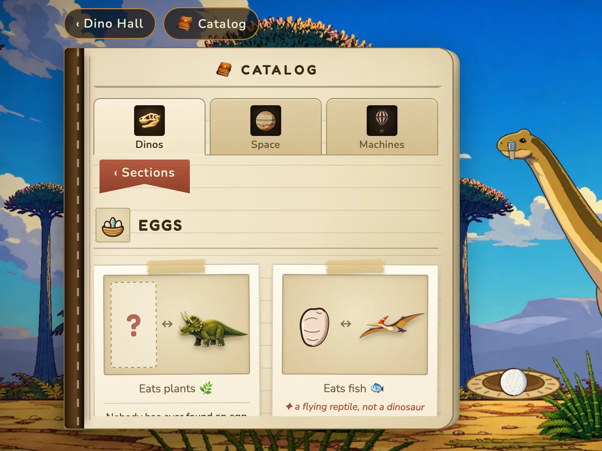 The Eggs page of the game's Field Guide, with a question-mark egg for Triceratops and a leathery egg for Pteranodon.