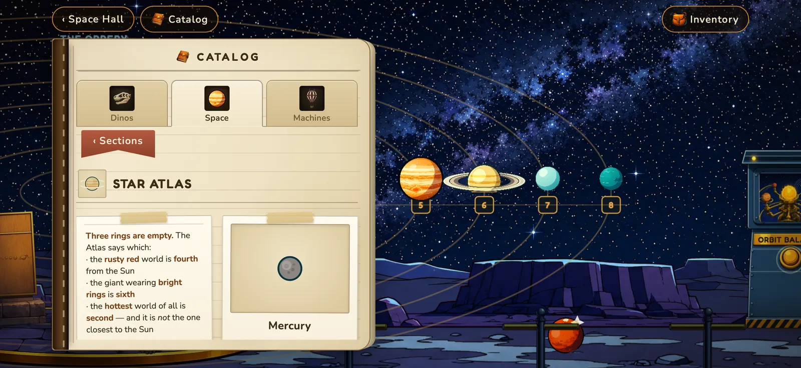 The Star Atlas page of the game's Field Guide, open over the planetarium.