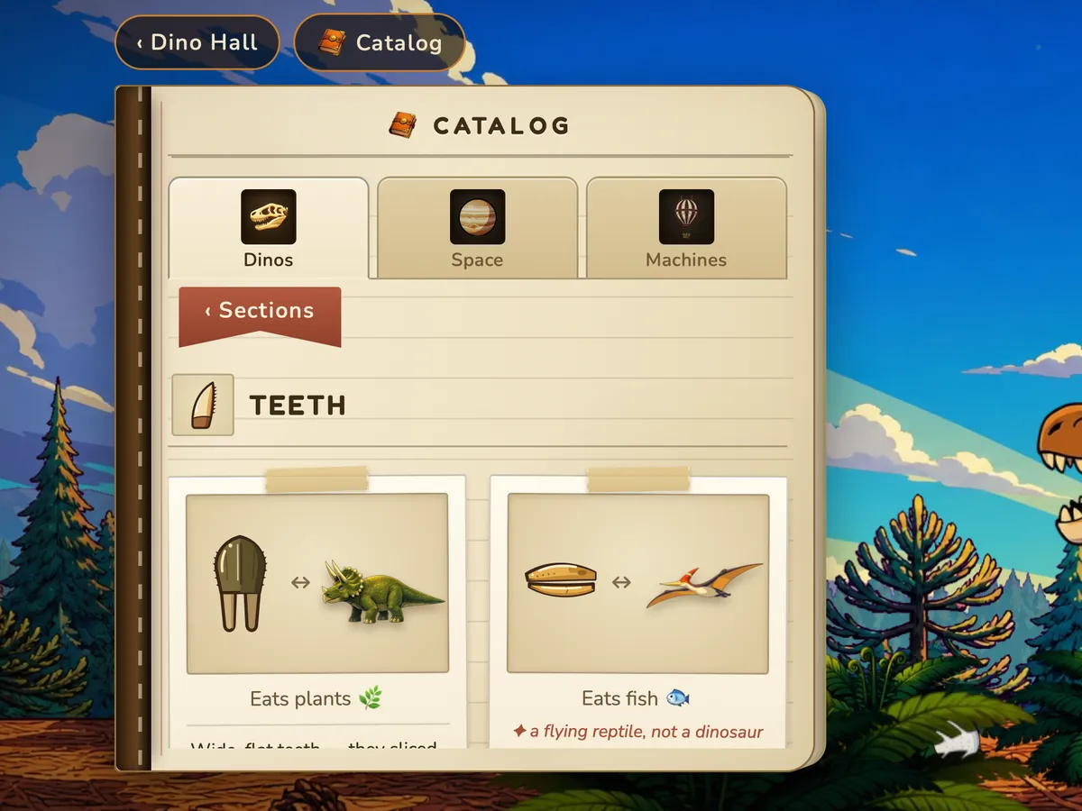 The Teeth page of the game's Field Guide, matching fossil teeth to a Triceratops and a Pteranodon.