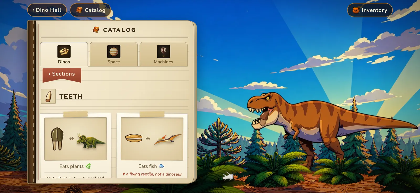 The Teeth page of the game's Field Guide, comparing a wide flat plant-eater tooth with a fish-eater's beak.
