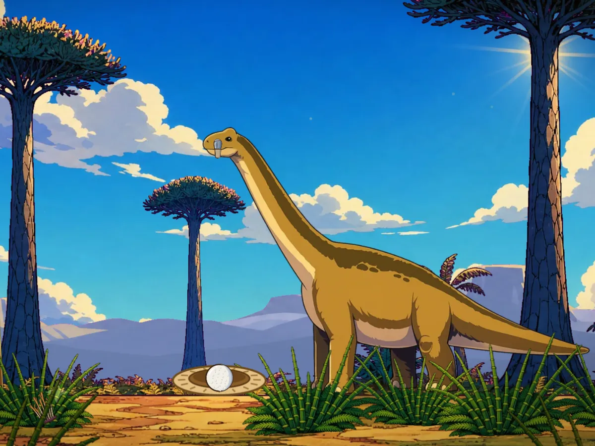 A cartoon Brachiosaurus stretching its long neck across open plains with tall trees.
