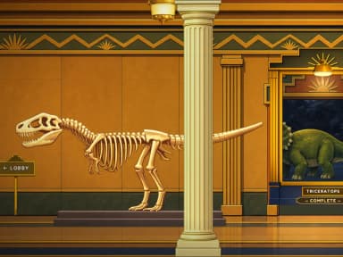 The Dino Hall of a science museum, with a golden T. rex skeleton and a Triceratops exhibit window.