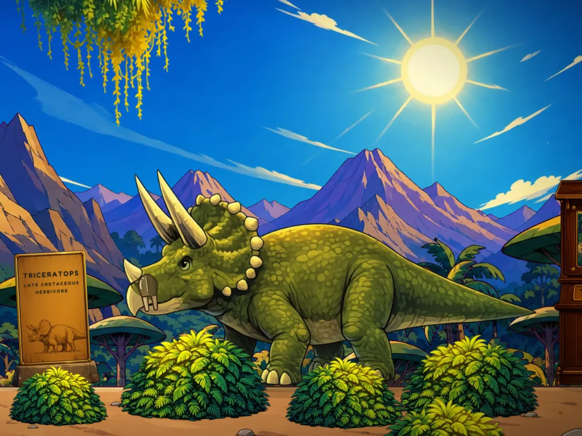 A cartoon Triceratops among leafy bushes in a jungle grove, with a volcano behind it.