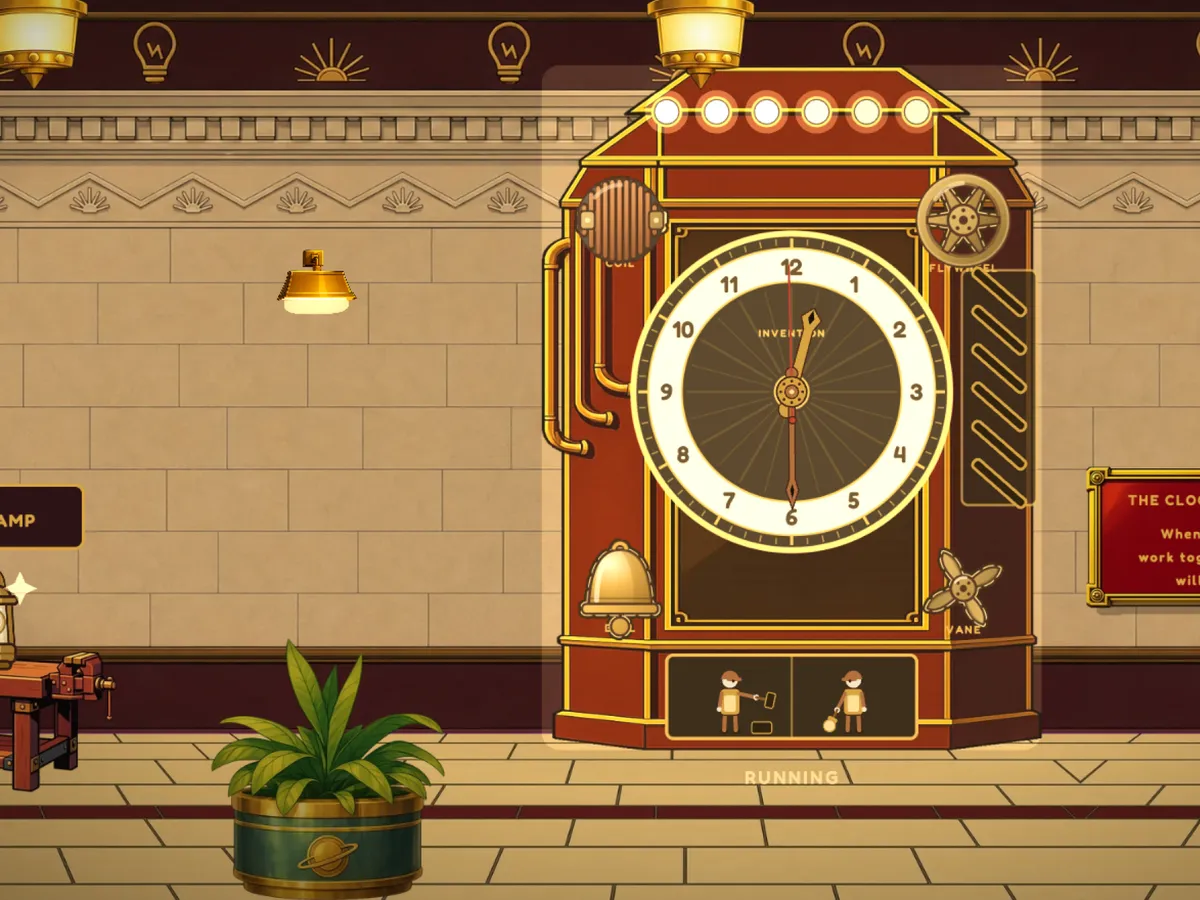 The Invention Hall of a museum, with the tall brass Clock of Invention and a hot-air balloon model.