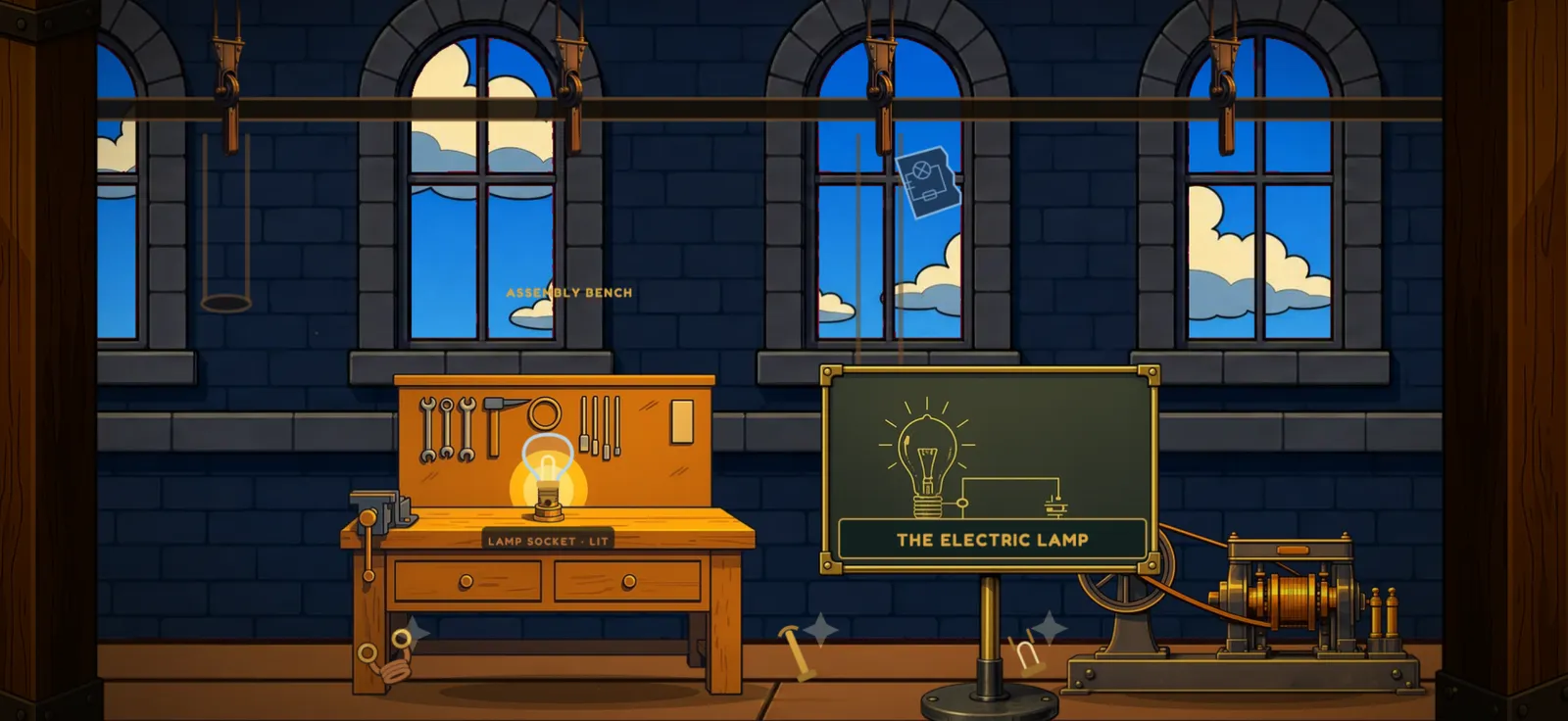 The Dark Workshop room in Science Museum Adventure, with a workbench lamp and a generator.