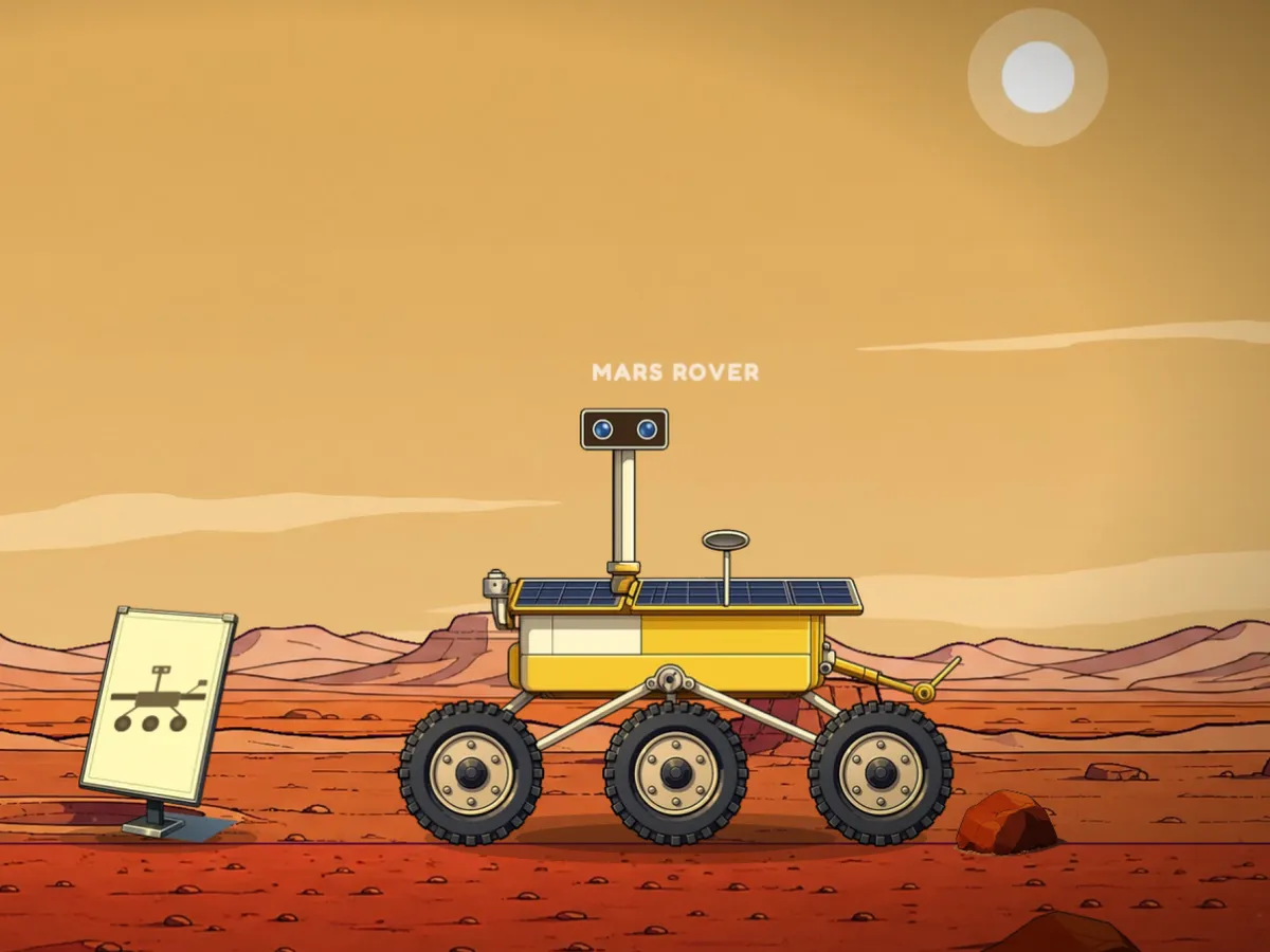 A six-wheeled robot rover on the red, dusty plains of Mars under a pale butterscotch sky.