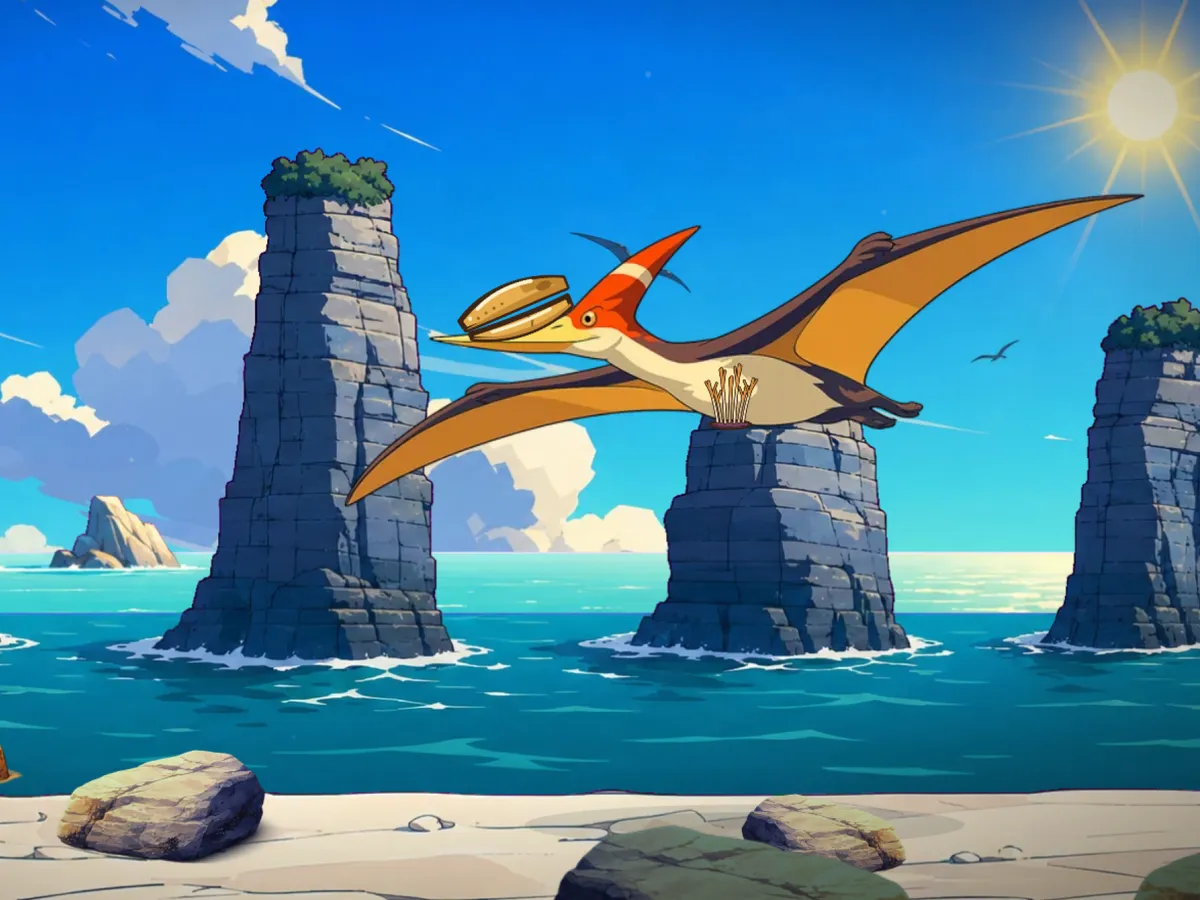 A cartoon Pteranodon soaring over sea stacks and blue water by tall cliffs.