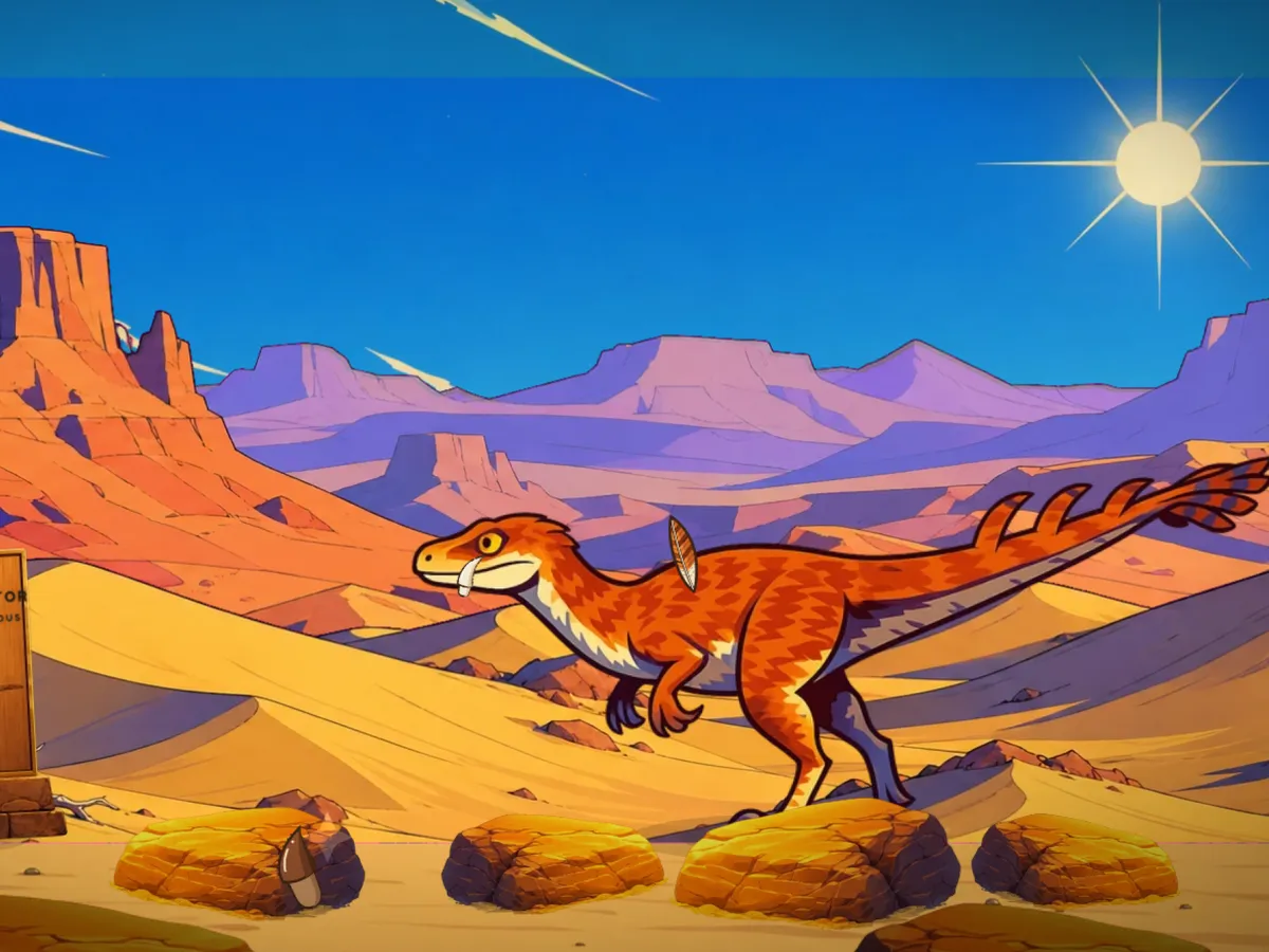 A cartoon feathered Velociraptor running across orange sand dunes in the badlands.