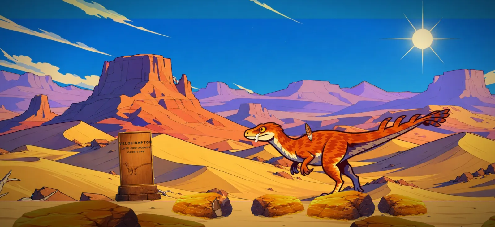 The feathered Velociraptor running across the dunes of the Badlands room.