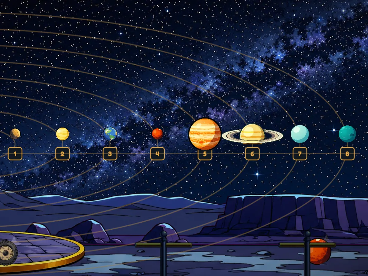 A clockwork model of the solar system with the Sun and eight planets on curved rings, under a starry sky.