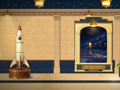 The Space Hall of a science museum, with a model rocket and exhibit doors to the Solar System and beyond.