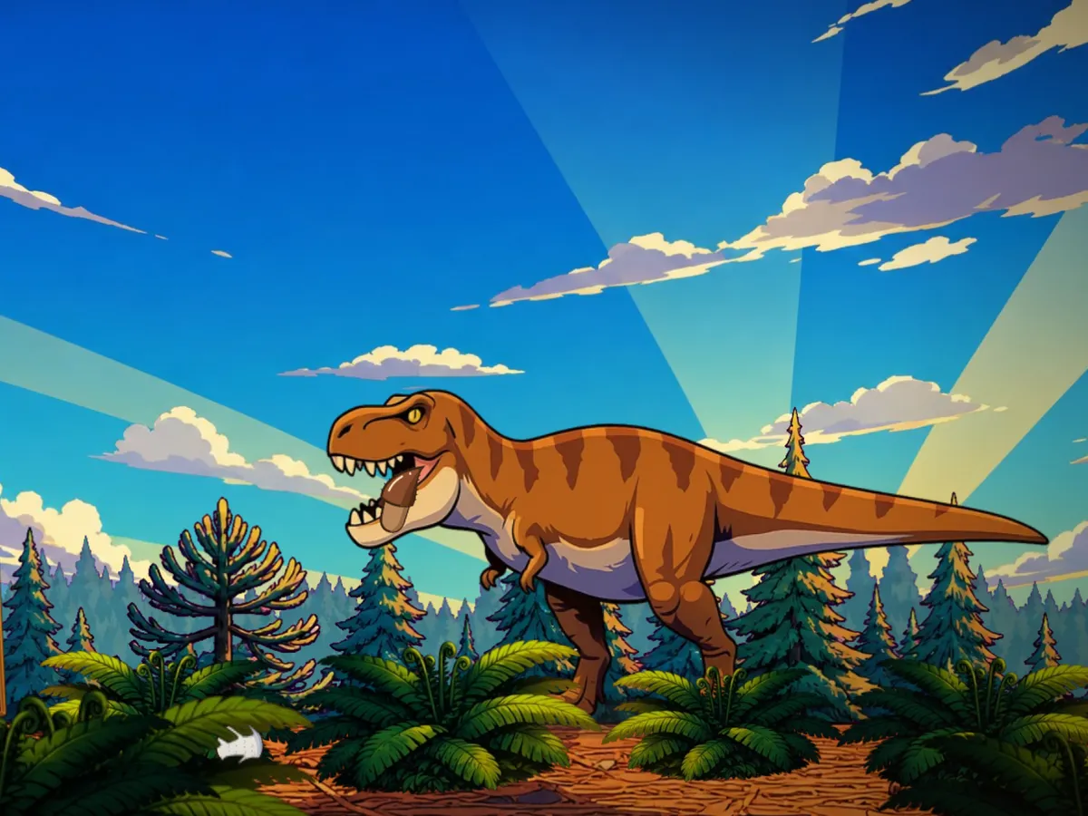 A cartoon Tyrannosaurus rex roaring in a sunny conifer forest, beside its museum placard.