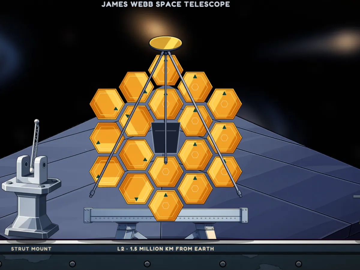 A cartoon James Webb Space Telescope with its golden honeycomb mirror on a silver sunshield, among distant galaxies.