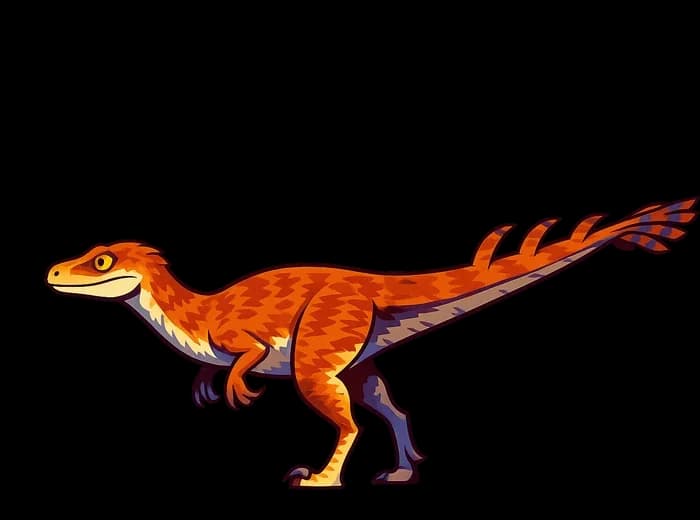 Cartoon feathered Velociraptor.